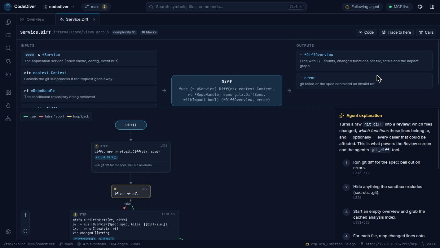 The logic view: inputs and outputs with the agent's descriptions, a control-flow graph with numbered steps pinned to blocks, and the agent's explanation.