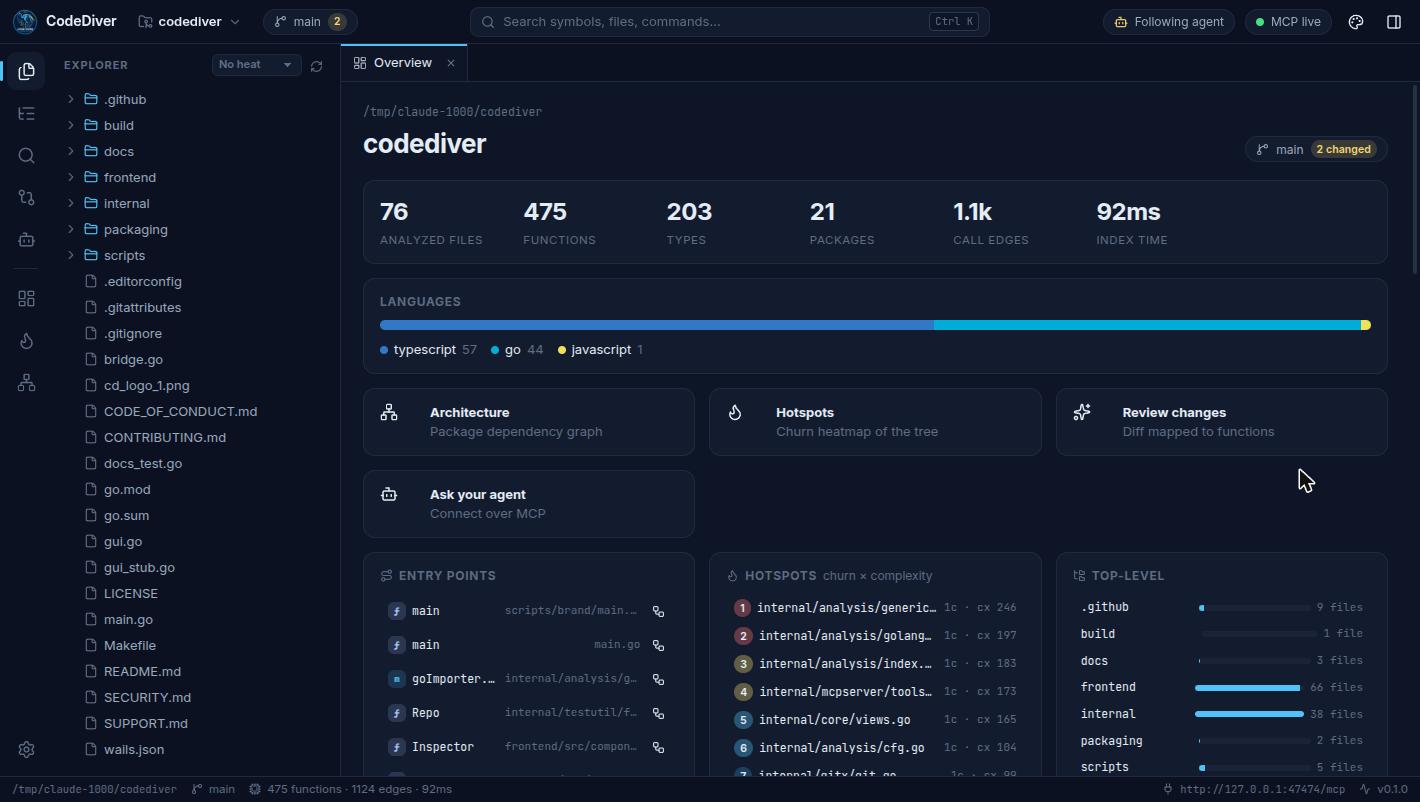 The repository overview: stats, languages, entry points and hotspots.